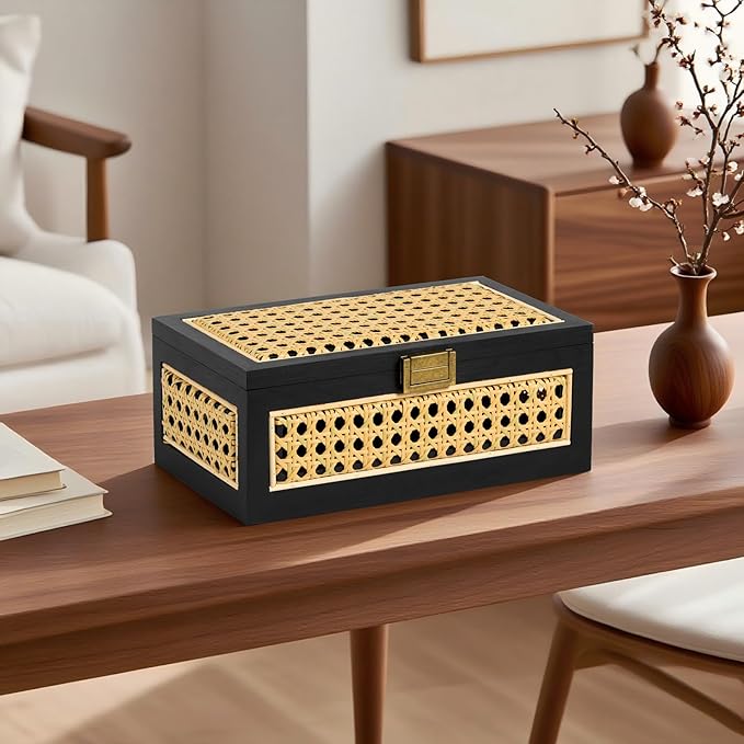 Rattan Storage Boxes Decorative Handmade Natural Wood Baskets with Lid Wooden Frame Boho Rustic Wicker Box Stacking Woven Cane Bins Shelf Closet Desk Organizer Container (Black, Small)