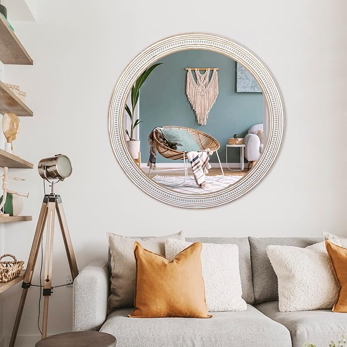Reflinto 30 Inch Rustic Farmhouse Wooden Round Mirrors for Wall Decor, Boho Circle Decorative Mirror for Bathroom Over Sink, Living Room, Foyer, Entryway, Hallway