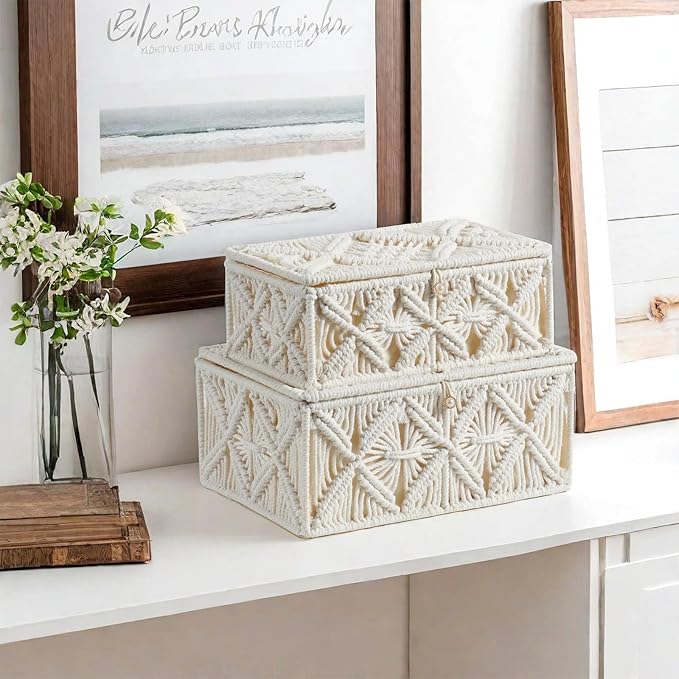 Decorative Boho Storage Baskets with Lid Bohemian Macrame Jewelry Box Handmade Natural Cotton Rope Woven Bins Memory Keepsake Photo Makeup Organizer Shelf Container (Off White, Small)