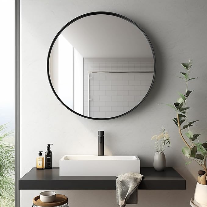 Sunniry Circle Mirror 26 inch, Black Round Mirror, Round Bathroom Mirrors Metal Frame, Circle Mirrors for Living Room, Bathroom, Wall, Hallway.