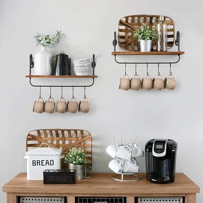 Olakee Floating Wall Shelves for Kitchen Bathroom Coffee Nook with 10 Adjustable Hooks for Coffee Mugs, Coffee Bar Organizer and Decor, Rustic Storage Shelves Set of 2