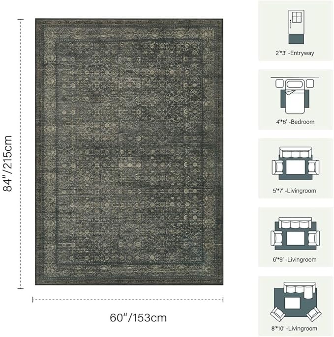 Vintage Area Rugs 5x7, Washable Rugs for Living Room, Green Boho Floral Rug for Office, Dining Room and Farmhouse, Durable Low Pile Non-Slip Area Rug for High Traffic Areas(Moss Brown)