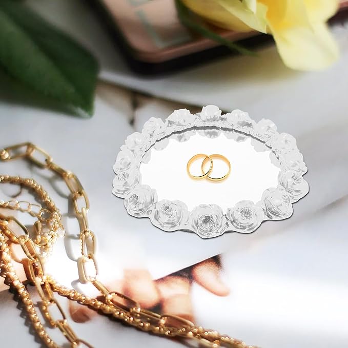 Gatuida Vintage Rose Mirror Jewelry Tray, Pearl White Resin Decorative Vanity Organizer for Makeup, Perfume, Snacks and Accessories, Multi-Purpose Counter Display Plate