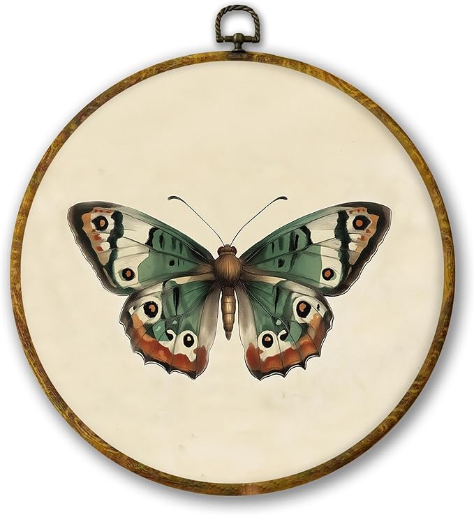 Mcehtle Vintage Butterfly Wall Art Decor, Moody Moth Cottagecore Framed Canvas Prints 10x10, Boho Sage Green Academia Insect Round Wall Hanging Artwork Decorations for Gallery Bedroom Living Room