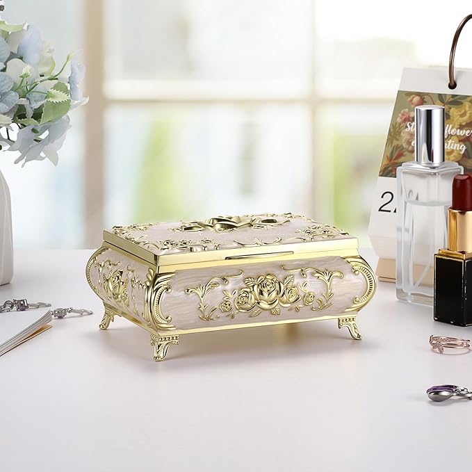 Hipiwe Metal Jewelry Organizer Box Antique Decorative Treasure Chest Keepsake Storage Case for Rings Earrings Holder Gift for Women, Medium