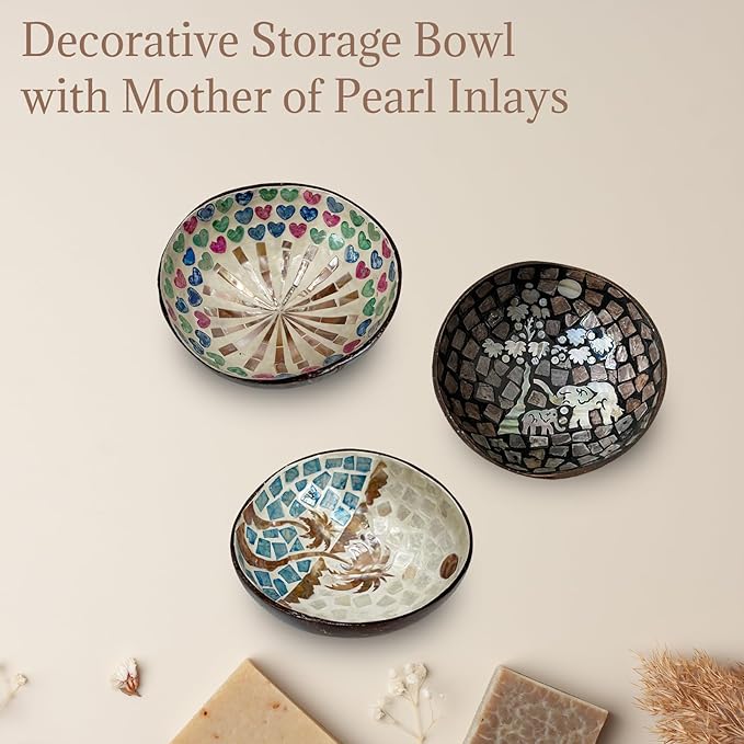 Decorative Storage Bowl with Mother of Pearl Inlays - Distinctive Coconut Shell Container for Entryway, Vanity, and Office Use (Coconut trees)
