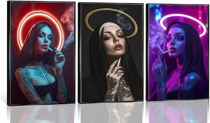FJKLRP 3pcs Fashion Neon Nun Wall Art Cyberpunk Tattooed Feminine Canvas Print Dark neon Aesthetic Wall Decor for Bedroom Living Room Dorm Apartment Home Decor Unframed