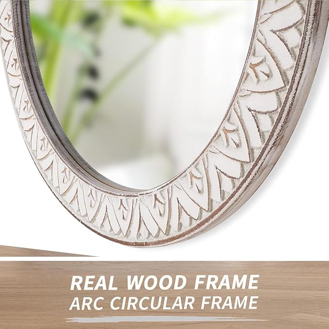 20" Rustic Distressed Wooden Round Mirror Wall Mounted for Bathroom Bedroom Living Room