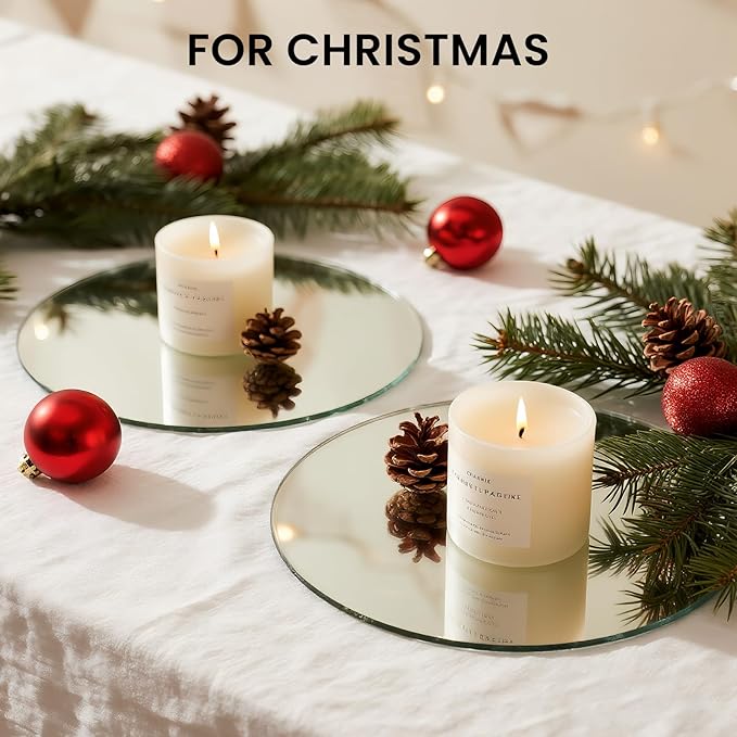 8" Round Mirror Centerpieces for Tables, 12Pcs Glass Mirror Trays for Wedding, Party, Christmas Decorations, Mirror Candle Plates with Polished Edges & Non-Slip Feet