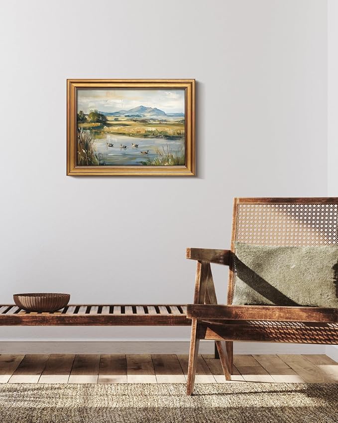 Bzstyleart Vintage Wall Art Decor for Living Room, Gold Framed Canvas Wall Art Home Decor Aesthetic, Ducks Pond Landscape Prints, Canvas Picture Print Artwork, 12 x 16 Inch