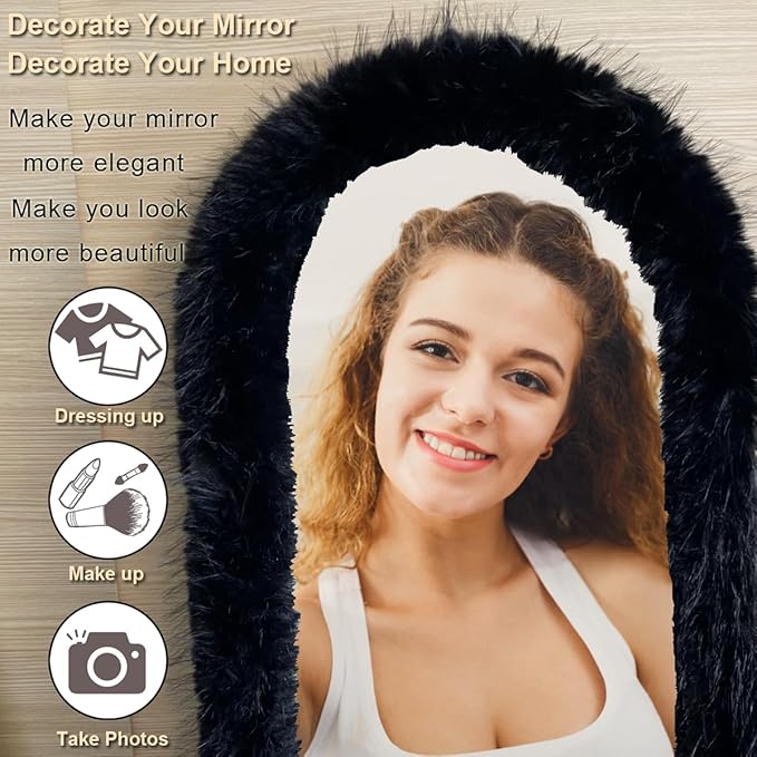 Fluffy Mirror Cover - 59"x16" Full Length Stretch Universal Ultra Soft Non-Slip Cover Warm Home Decor for Bedroom Cloakroom (Black-Without Mirror, Suitable for 59"×16")