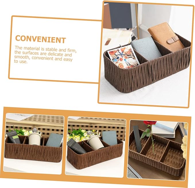 Vintage Woven Storage Box Organizer 3 Compartments Imitated Rattan Design Decorative Tabletop Sundries Basket for Home Office and Craft Supplies