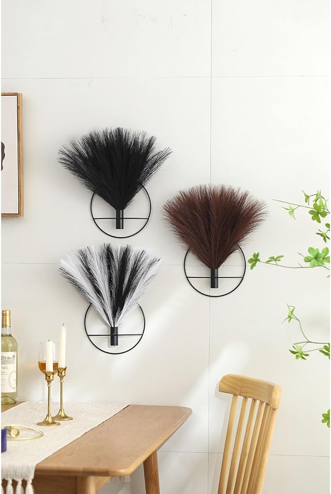 Jolly Boho Wall Art, Metal Wall-Mounted Display, Artificial Pampas Hanging Decor - 2 Pack, Black - Living Room, Bedroom, Bathroom, Dining Room