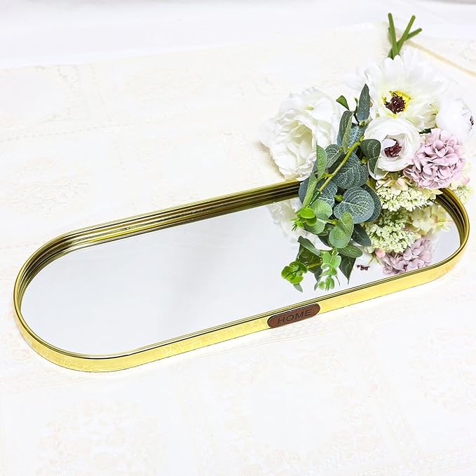 Gold Mirrored Vanity Tray, Large Oval Stainless Steel Perfume Organizer, Decorative Glass Mirror Tray for Jewelry, Makeup, Skincare, Bathroom Countertop & Dresser Decor (Oval-Large)