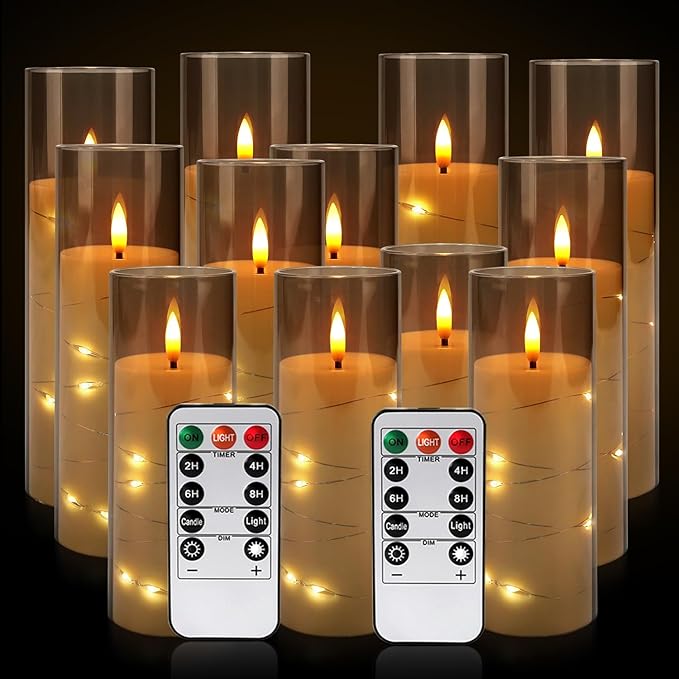 YOROXRG Flickering Flameless Candles Battery Operated with Remote,Led Pillar Candles with Realistic Moving Wick Candles for Halloween,Christmas,Home Decor Pack of 12 (D2.2 xH 5" 6" 7")(Grey)