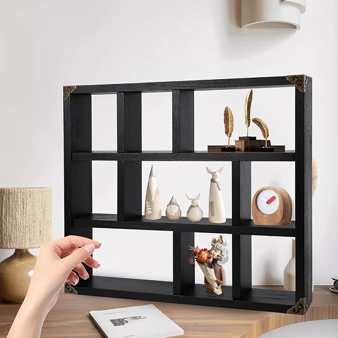 17.7x15.7-Inch Shadow Box Shelf 9-Slot Rustic Floating Shelves Larger Wall Mounted Shelf Lightweight Solid Wood Display Freestanding Farmhouse Shelf (Set of 2,9C-Classic Black)
