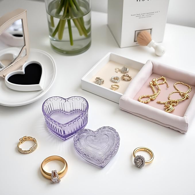 Glass Jewelry Box Heart Shape Cute Box for Storage Ring Earring Trinket Vintage Jewelry Organizer Decorative Gift for Women Girls-GRB003-Purple