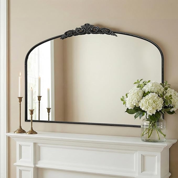 Micasso Large Vintage Black Mirror: 48"x 33" French Baroque Antique Mirror - Traditional Ornate Decorative Wall Mounted Arched Mirrors for Wall/Fireplace/Entryway/Hallway - Home Decor for Living Room