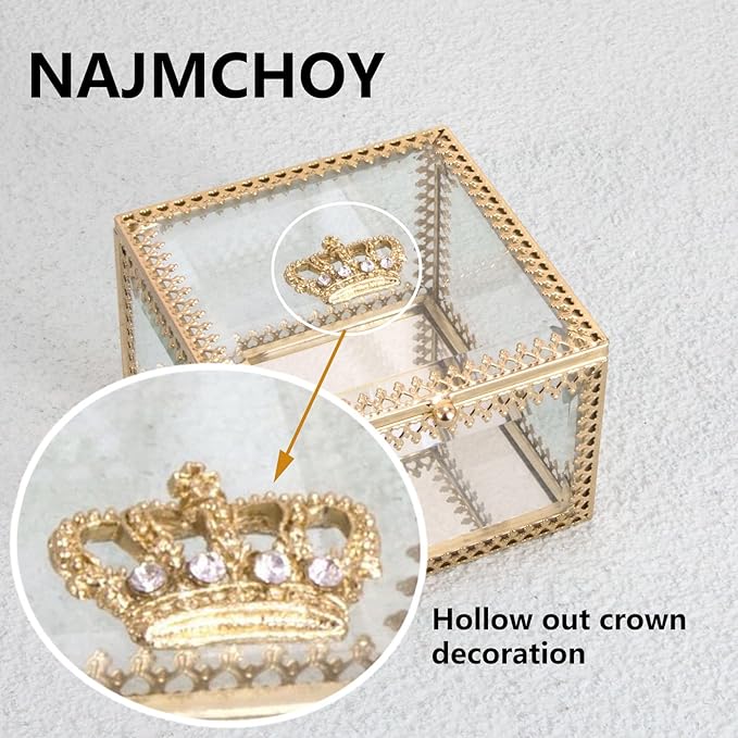 NAJMECHOY Glass Jewelry Box, Mirror Bottom with Crown Lid, Box for Makeup, Lipstick Ring Earrings, Storage Box, Gold Glass Box Ring, Bracelet Display Transparent Box (Square)