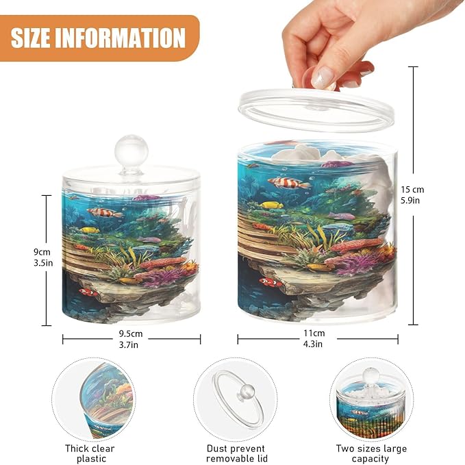 3d Hole White Wall Underwater Scenery Clear Plastic Makeup Organizer Storage with lid Bathroom Essentials Decorative Dental floss storage jar for Cotton Swabs,Cotton Pads,Floss Picks,Paper