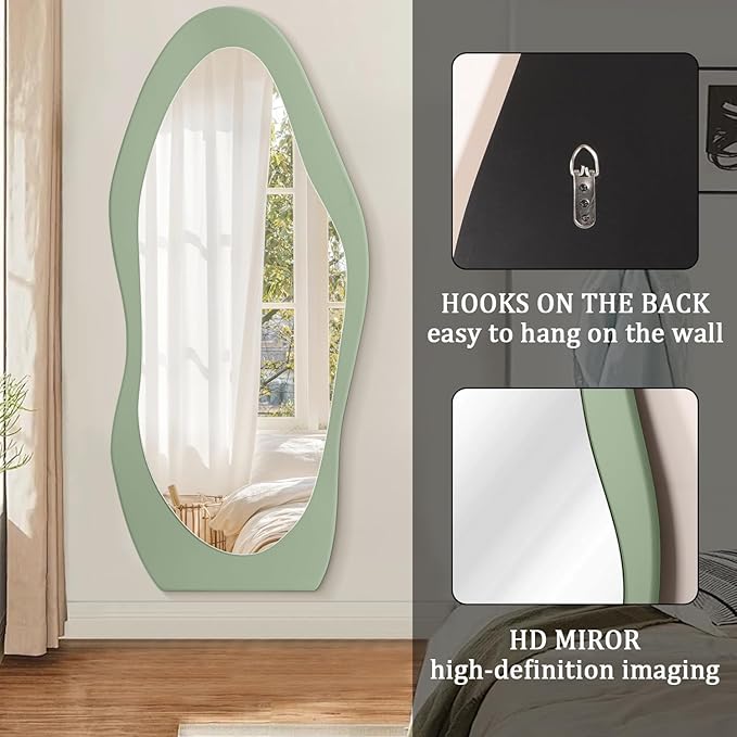 Full Length Mirrors Large Irregular Wavy Mirror Wood Full Body Standing or Wall Mounted Mirror for Living Room Bathroom Bedroom Entryway Decor