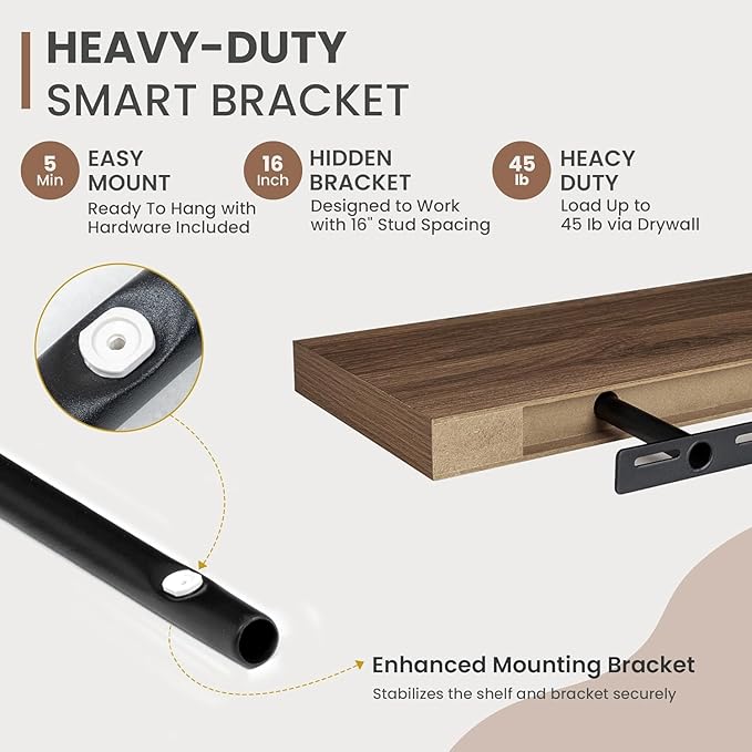 Acovy 48 Inch Floating Shelves, 8 Inch Deep Floating Shelves for Wall, Hanging Shelf with Invisible Brackets, Deep Shelves for Bathroom, Bedroom, Living Room, Walnut, Set of 2