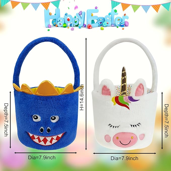 DearSun 2 Pcs Easter Basket Dinosaur & Unicorn Plush Baskets, Easter Egg Hunting Basket for Kids Gifts Party Decoration Supplies, Dia 8" * H 15.7"