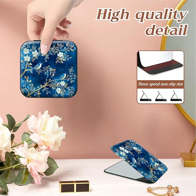 Travel Jewelry Case with Compact Mirror, Vintage Blue Birds Flowers Exquisite PU Leather Jewelry Boxes for Women, Best Gifts for People Who Travel - Dainty Jewelry Organizer