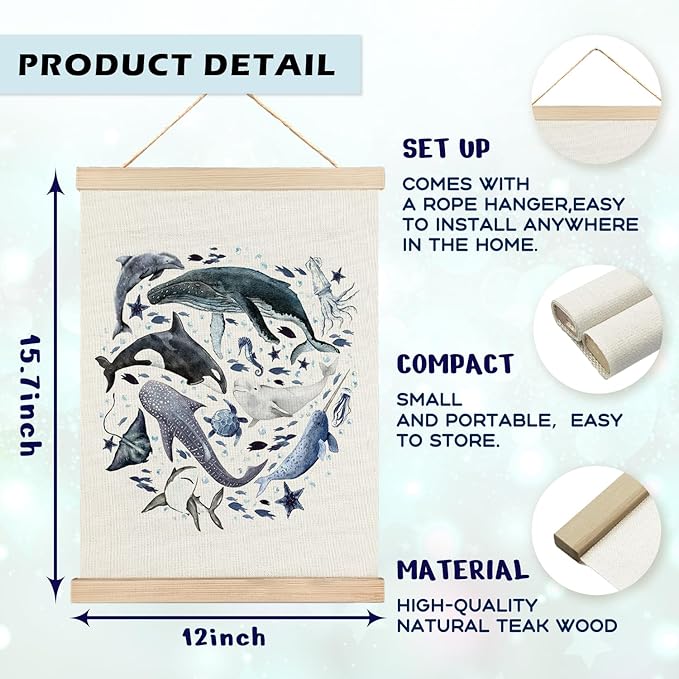 RYYCDOI Ocean Marine Life Wall Art, Sea Animal Whale Dolphin Turtle Shark Poster Hanger Frame for Kids Room Nursery Bathroom Decor, Under the Sea Decor, 12x16 Inches