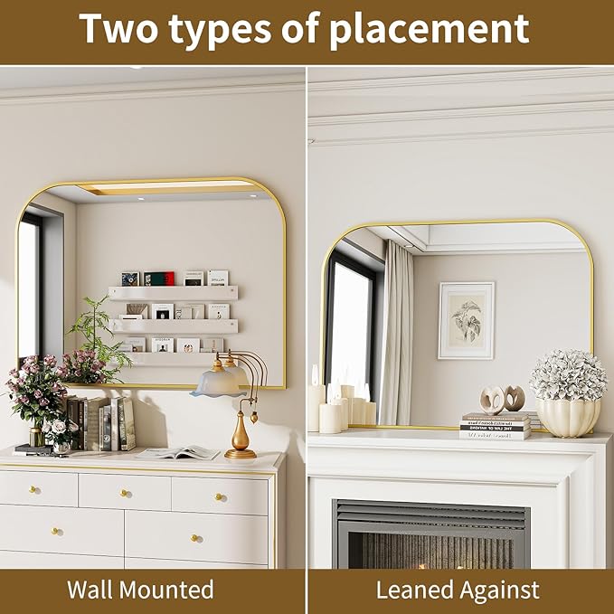 Gold Arched Top Wall Mounted Mirror - 48 x 30 Inch Round Cruved Top Bathroom Vanity Mirror, Aluminum Metal Framed, Home Decor for Living Room, Bedroom, Fireplace, Mantle, Entryway