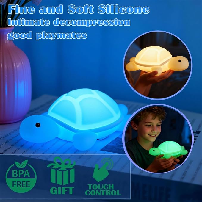 Turtle Night Light, Sea Turtle Gifts, Cute Soft Silicone Squishy LED Lamp with 7 RGB Colors , Dimmable, Timer, Touch Control, Kids' Bedroom Decor, Gift for Children, Breastfeeding Nursery Birthdays