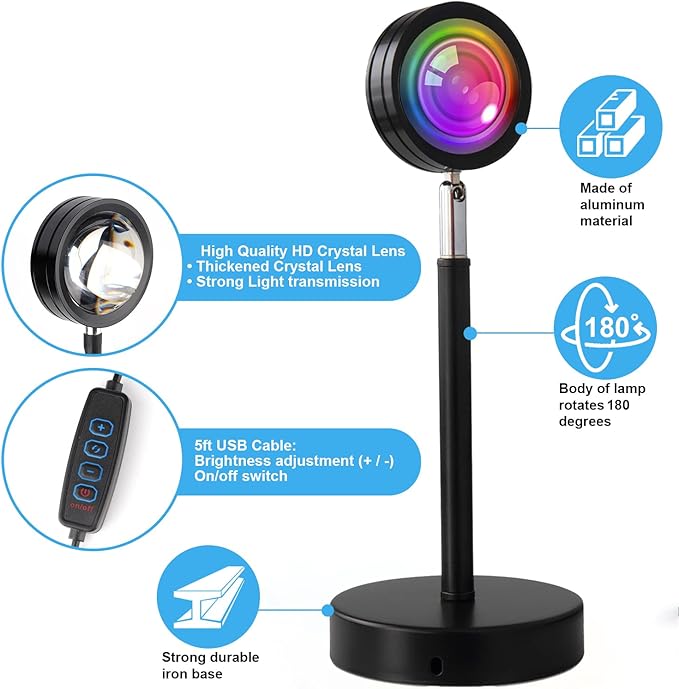 Sunset Projection Lamp - 180° Rotation | 16 Colors | LED | USB Powered | Decorative Atmospheric Lighting | Night Light | for Selfies, Bedroom, Living Room, Photography, Meditation, Multicolor