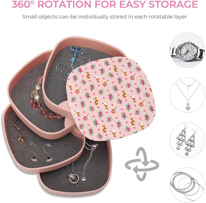 Ring Necklace Earring Organizer Holder Cavalier King Charles Spaniel Pink Floral Dog 4-Layers Rotatable Jewelry Organizer Storage Box with Mirror