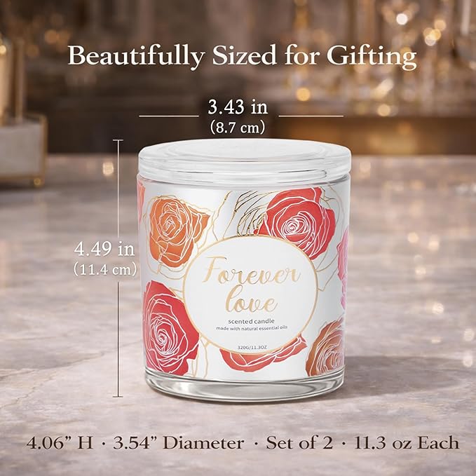 2 Pack Wood Wick Soy Wax Candle Gift Set for Women, Rose & Peony and Vanilla Amber, 11.3 Oz Each, Individually Boxed
