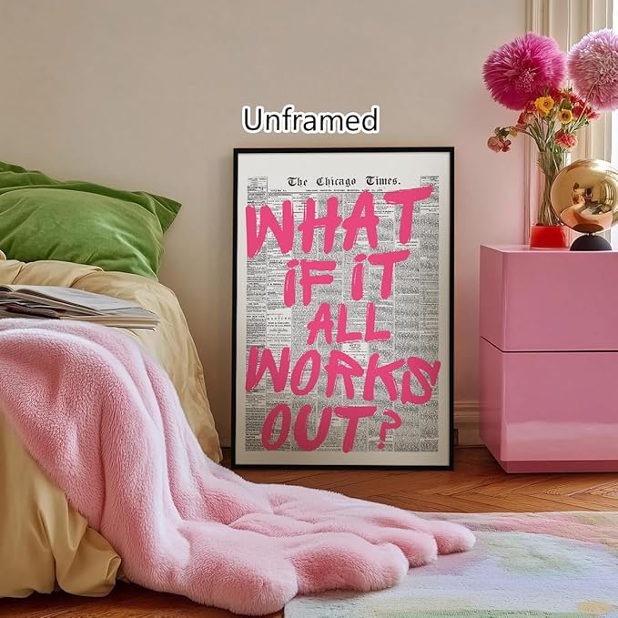 Pink What If It All Works Out Quote Poster, Vintage Black White Newspaper Canvas Wall Art, Trendy Positive Affirmations Picture Print, Charming Inspirational Office Wall Decor 12x16in Framed