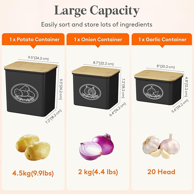 Lifewit Potato and Onion Storage Bin, Stackable Garlic Keeper with Aerating Holes and Lid, Plastic Vegetable Container Box for Pantry Countertop, Black, 24 x 18 x 24 cm/9.5 x 7 x 9.5 inch, Set of 3