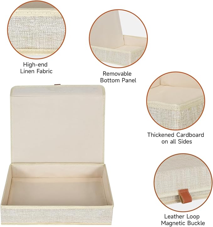 Photo Storage Boxes with Lids, Memory Box for Keepsakes, Picture Organizer Versatile Linen Containers Basket Collapsible Bin for Organizing Home Office, 2 Pack, 14x10.8x2.5 Inch, Beige