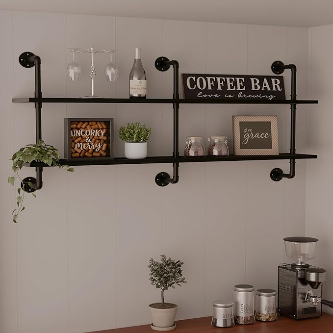 HDDFER Industrial Pipe Shelf Shelving Bookcase, Wall Mounted Rustic Bookshelf, Floating Bookshelves for Wall,Retro Wood Metal Pipe Industrial Shelves for Living Room