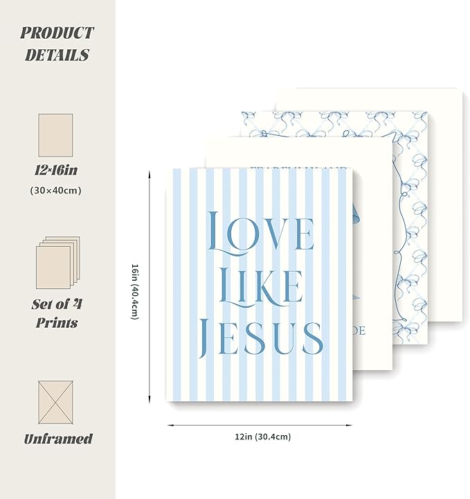 LARTSFRO Coquette Blue Bow Jesus Wall Art Decor Posters, Light Blue Bow Christian Room Bedroom Bathroom Wall Art Decor Aesthetic for Teen Girls Gifts, Inspirational Bible Verses Bow Wall Decor, 12x16 Inch Set of 4 Bow Pictures(UNFRAMED)