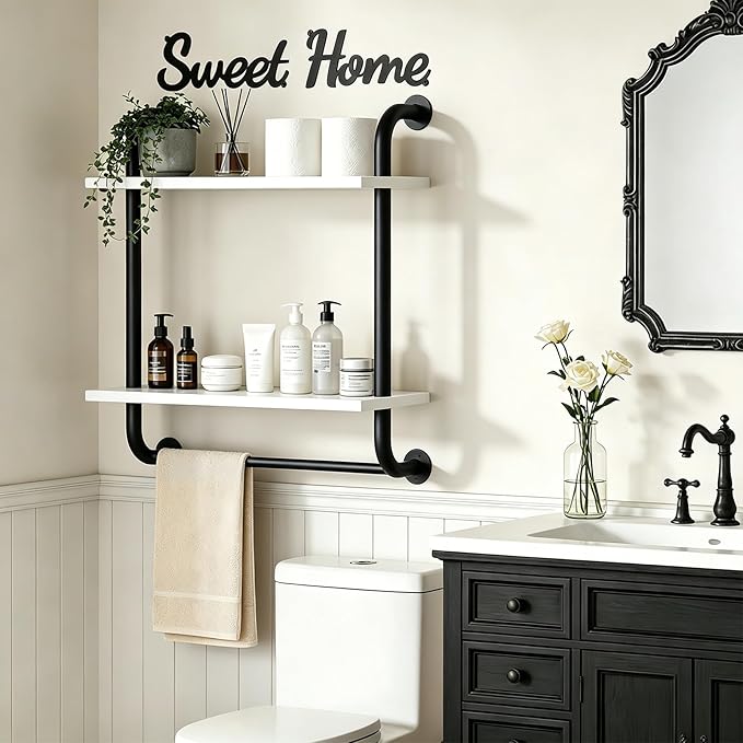 Tinpin Bathroom Shelves Wall Mounted, Rustic Farmhouse Pipe Shelves 2-Tier, Floating Shelf Wall Decor for Bathroom, Kitchen, Bedroom, Living Room Thanksgiving Day 17.3in White
