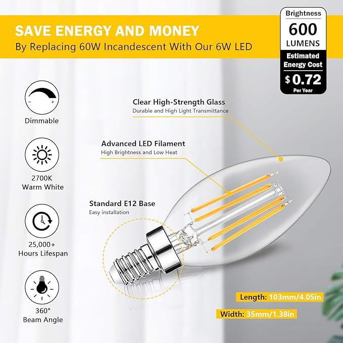 24-Pack Dimmable E12 LED Candelabra Bulbs 60W Equivalent, 2700K Soft Warm White, 600 Lumens B11 Candle Base 6W C35 LED Filament Vintage Light Bulbs, Clear Glass for Chandelier Ceiling Fan High CRI 90+