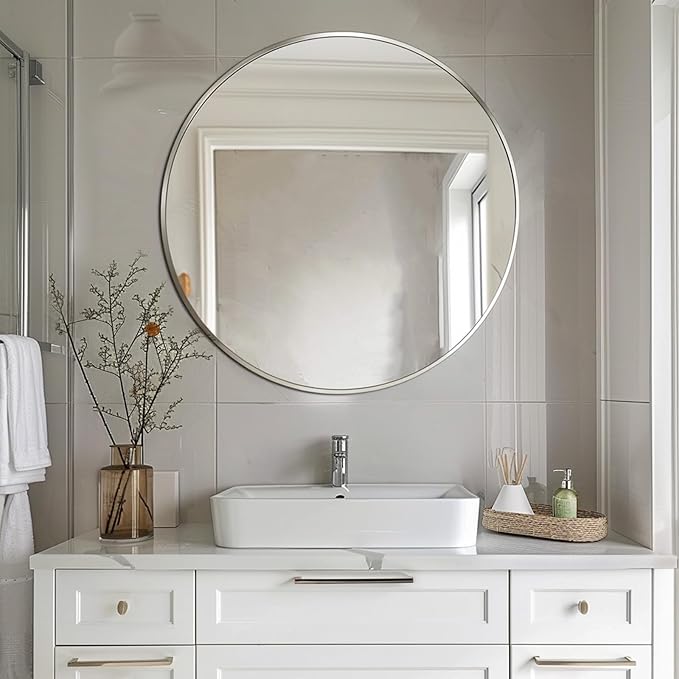 Sunniry Silver Round Mirror 30 inch, Round Bathroom Mirror, Silver Circle Mirrors with Aluminum Frame, Circle Wall Mirrors for Bathroom, Living Room, Hallway, Bedroom.
