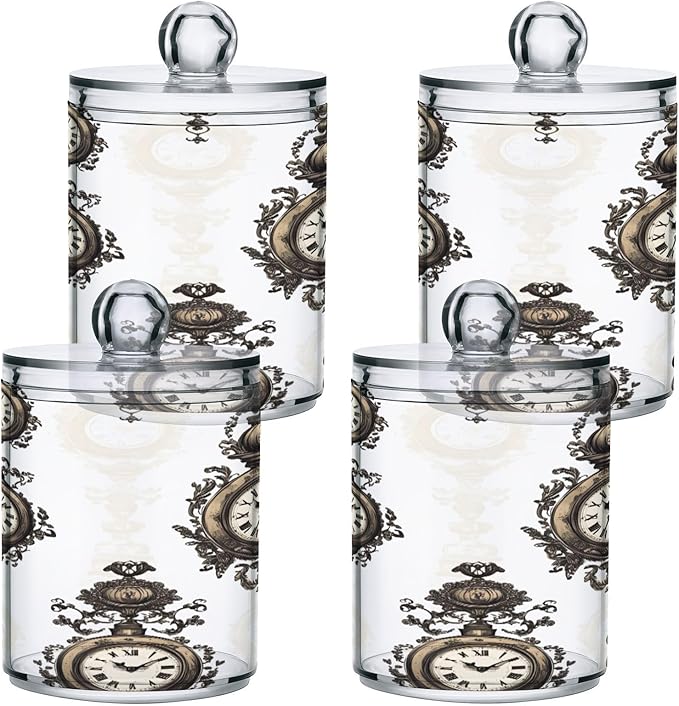 Nander 2Pack Clock Qtip Holder Dispenser -Clear Plastic Apothecary Jars Set - Restroom Bathroom Makeup Organizers Containers for Cotton Swab, Ball, Pads, Floss