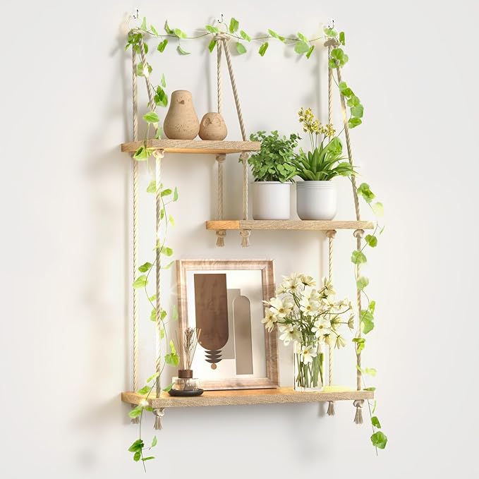 3 Tier Hanging Wall Shelves, Boho Rope Hanging Plant Stand with LED Vine Lights, Rustic Wood Floating Shelves Organizer for Bedroom Kitchen Living Room Wall Decor (Three-Tier Rope Rack)