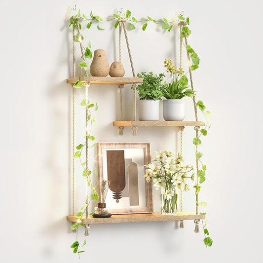 3 Tier Hanging Wall Shelves, Boho Rope Hanging Plant Stand with LED Vine Lights, Rustic Wood Floating Shelves Organizer for Bedroom Kitchen Living Room Wall Decor (Three-Tier Rope Rack)