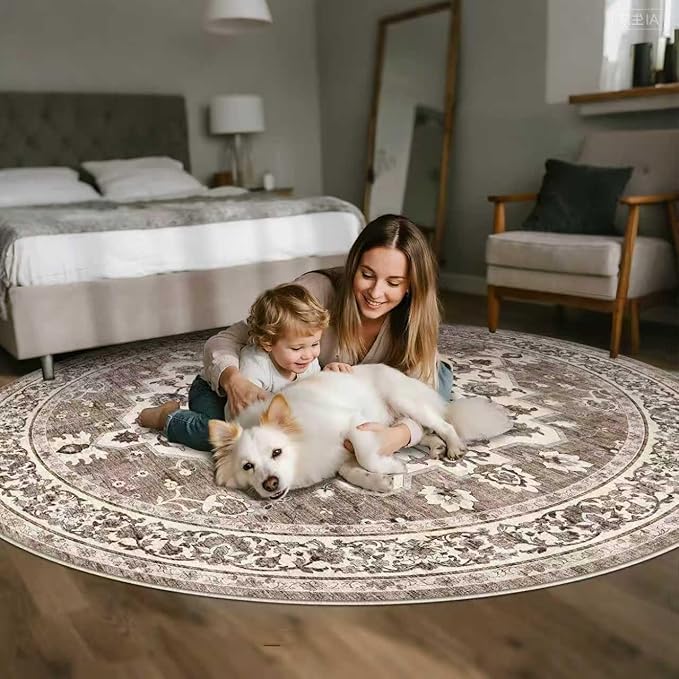 TOPRUUG Washable Oriental Area Rug - 5ft Round Rugs for Living Room Soft Carpet for Bedroom Waterproof Floral Distressed Indoor Stain Resistant Non-Shedding Floor Carpets (Beige, 5ft-Round)