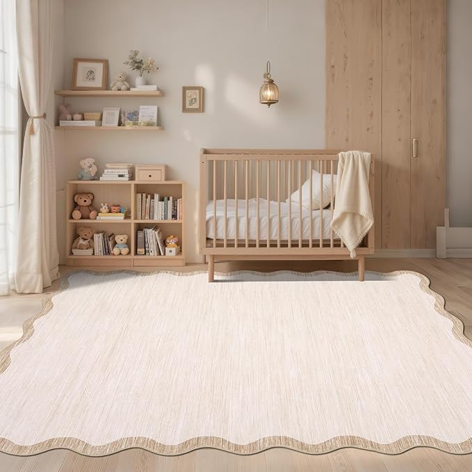 GarveeHome Scalloped Washable Rugs 5x7 Rug for Living Room Modern Non Slip Large Area Rug for Bedroom Decor Farmhouse Low Pile Stain Resistant Carpet for Office Dining Room Classroom 5 ft x7 ft Beige