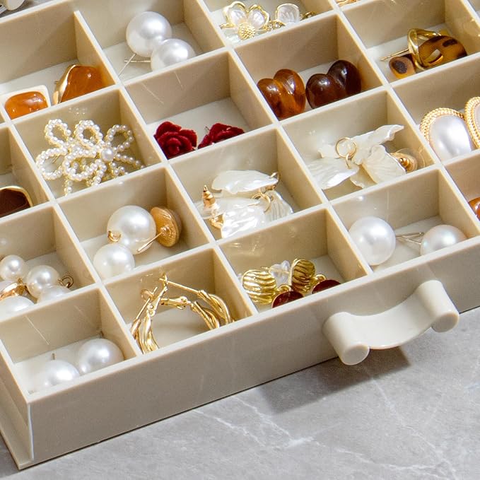 YUFONG Earring Storage Box Organizer, Acrylic Jewelry Storage Box Holder 5 Drawers Transparent Jewelry Display Stand with 120 Small Compartments Gift Boxes for Women Girls (Beige)