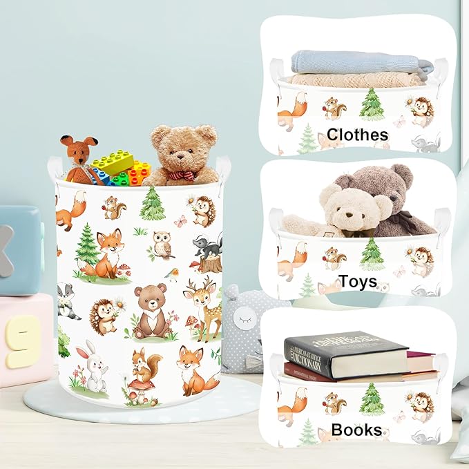 Clastyle Adorable Forest Animal Kids Book Storage Basket Fox Giraffe Clothes Laundry Basket Parents Gift Toy Box for Bedroom Shower, Pine Tree, 36x45 cm