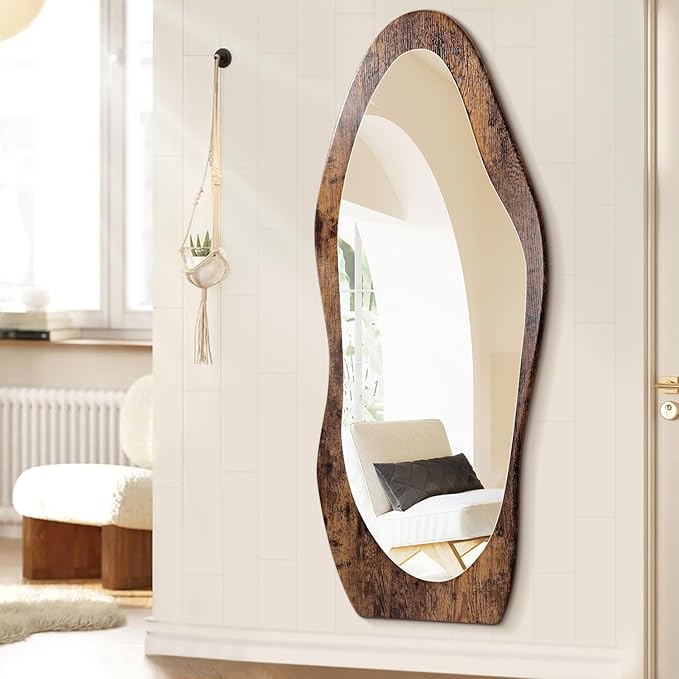 Full Length Mirror 59" x 24" Irregular Wall Mirrors Wood Framed Full Body Mirror Hanging or Leaning Against Wavy Floor Mirrors for Living Room Bedroom Entryway Bathroom Retro Brown